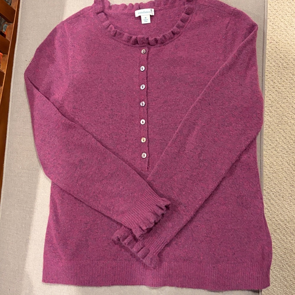 Sundance women’s sweater M  buttons ruffle nylon viscose wool cashmere GUC